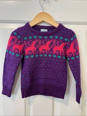Vintage 80s Retro Girls' Purple Knit Unicorn Sweater with Pink and Teal Accents